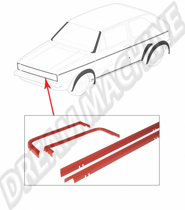 Baguettes Alu Rouges, Calandre "GTi", VW Golf 1, 1975, 1983, 171898800R, Golf Mk1 Cabriolet, Caddy Mk1.