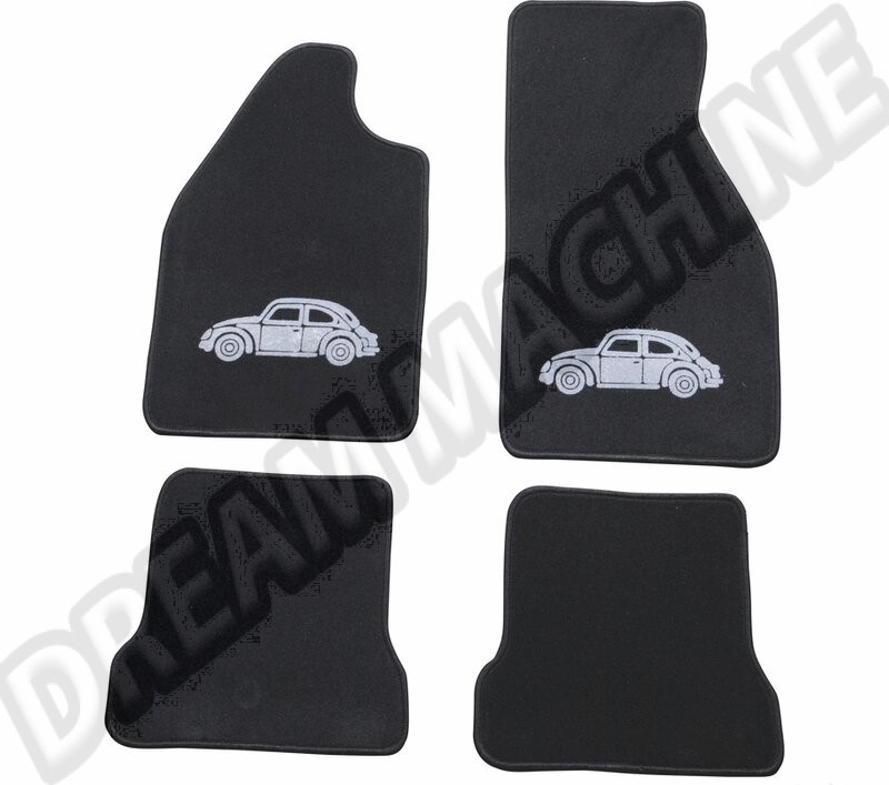 Set de Tapis de Sol Noirs avec Coccinelle Grise/Argentée, Avant/Arrière, 4 Pièces, Pour Tous Modèles de Coccinelle