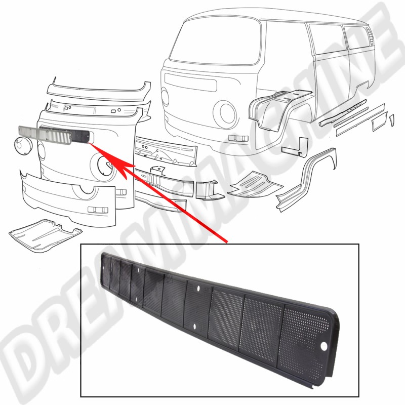 Grille plastique de calandre, VW Combi, VW Transporter T2, 73-79, Partie centrale, Grille mesh, Matière plastique, Protection du radiateur, Circulation d'air optimale, Noir.