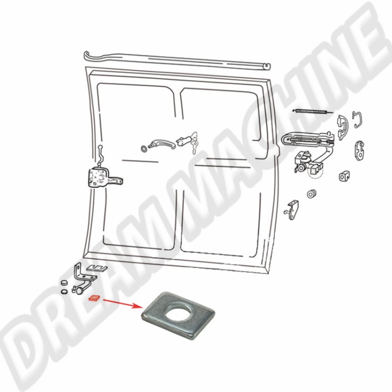 Plaque entretoise, Fixation de guide à galets, Porte latérale coulissante, Volkswagen Combi Bay Window, Référence produit 211843449, 211-843-449.