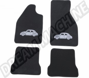 Set de Tapis de Sol Noirs avec Coccinelle Grise/Argentée, Avant/Arrière, 4 Pièces, Pour Tous Modèles de Coccinelle