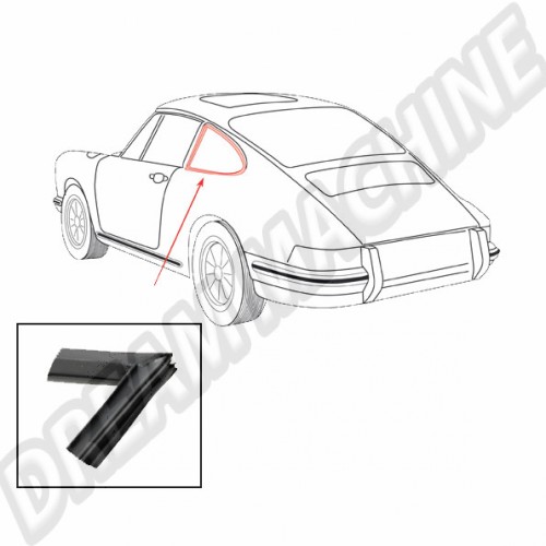 Cadre étanchéité fenêtre latérale arrière intérieur Porsche 911 Coupé, 2.0-3.0, 01/63-07/77, Référence 90154319120, étanchéité fenêtre latérale arrière, isolation thermique, confort intérieur.