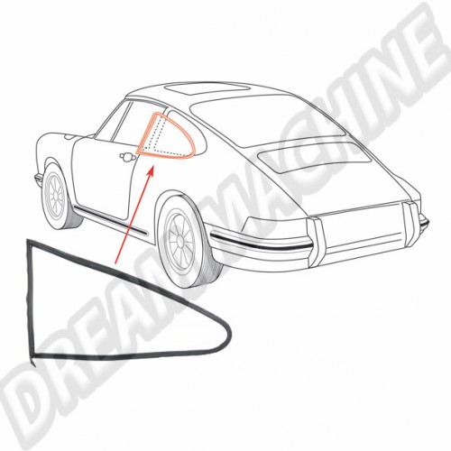 Cadre étanchéité fenêtre latérale arrière gauche Porsche 911 Coupé, 2.0-3.3, 01/63-07/77, Référence 90154390120, étanchéité fenêtre latérale arrière, isolation thermique, confort intérieur.