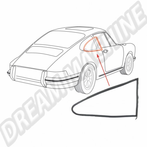 Cadre étanchéité fenêtre latérale arrière droit Porsche 911 Coupé, 2.0-3.3, 01/63-07/77, Référence 90154390220, étanchéité fenêtre latérale arrière, isolation thermique, confort intérieur.